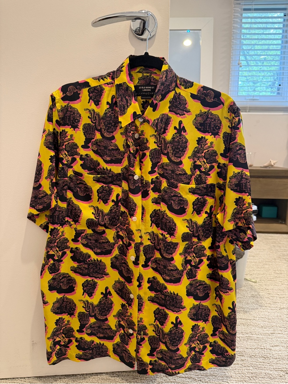 Stella McCartney Yellow Short-Sleeve Button-Down with Black & Pink Print